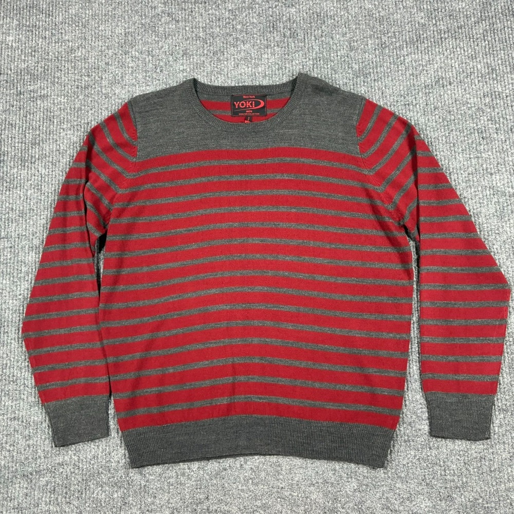 Yoki New York Sweater Mens Size XL Red Gray Striped Crew Neck Pullover